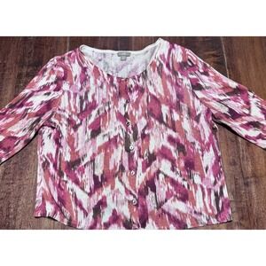 J Jill M Petite Linen Blend Pink Orange Patterned Cardigan Sweater 3/4 Sleeve